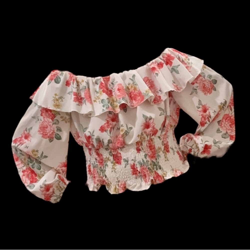 Ruffle Smocked Waist Floral Blouse Peach and White Off Shoulder SHEIN XL-3X